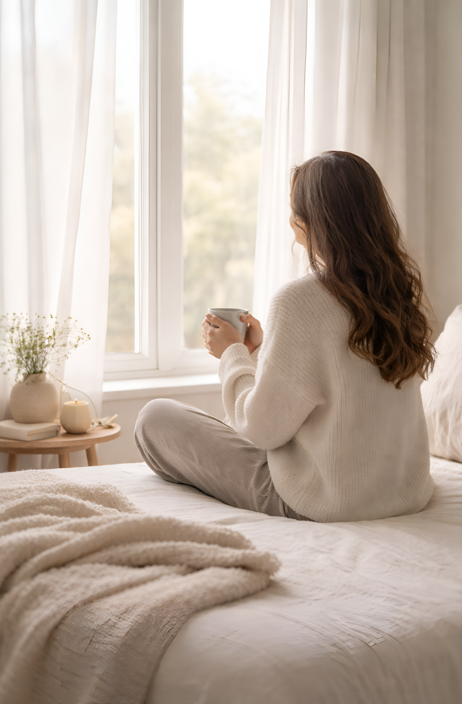 Woman sitting on a bed holding a warm drink by the window