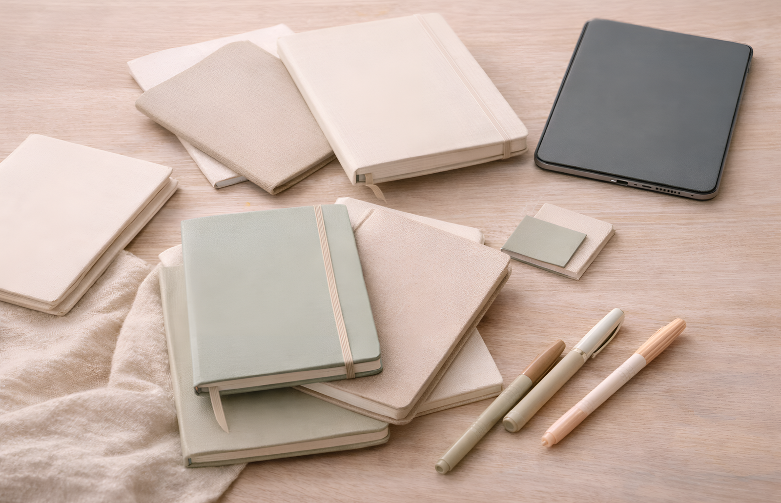 Journals and planners spread across a desk