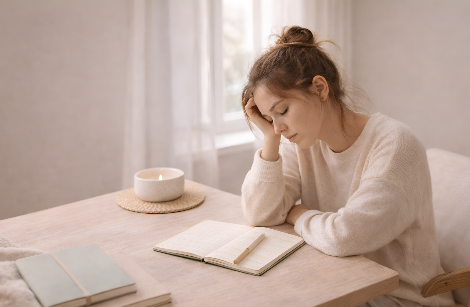 Woman feeling overwhelmed while sitting at a desk