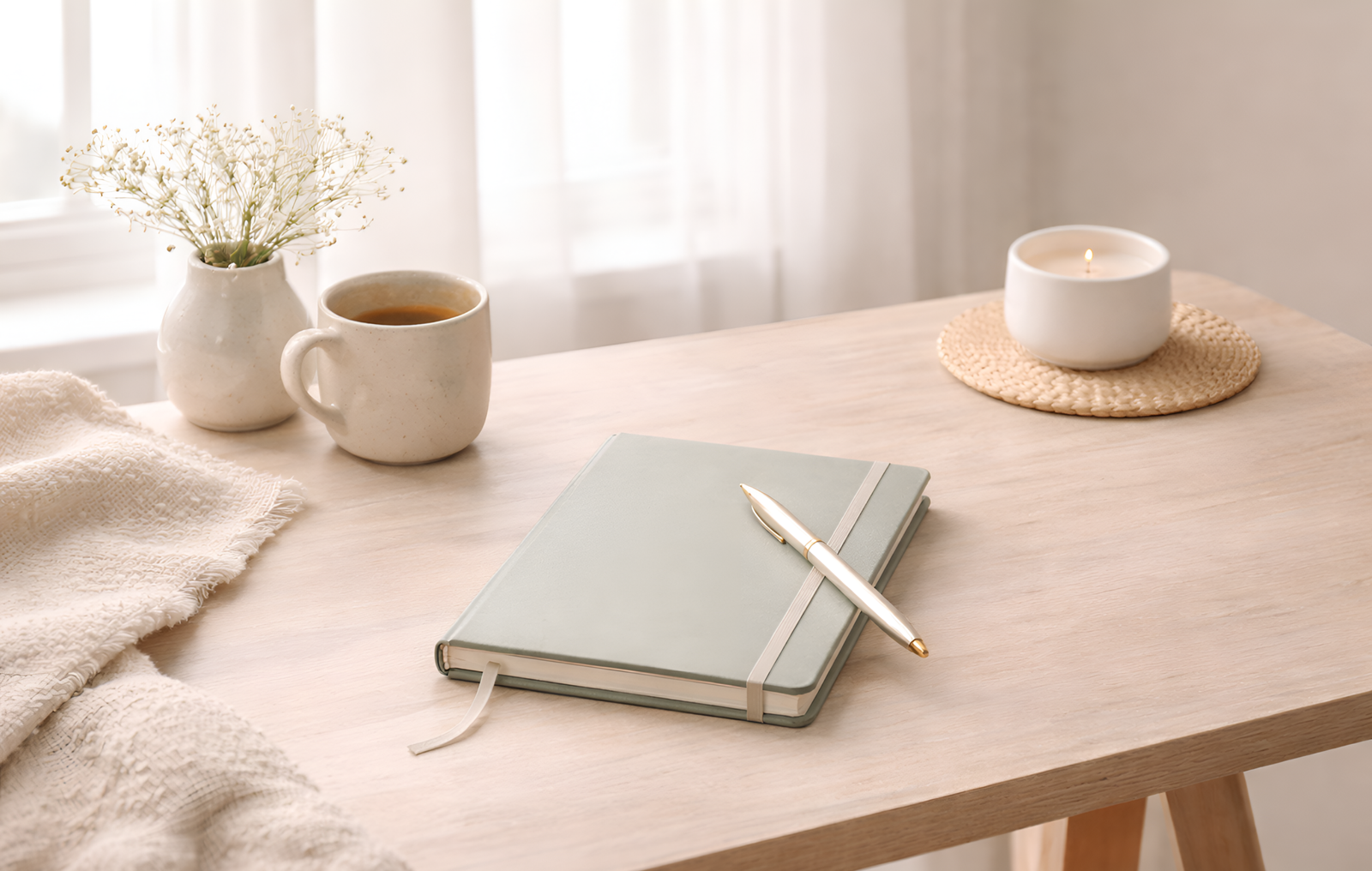 A calm desk with a journal, coffee, and candle