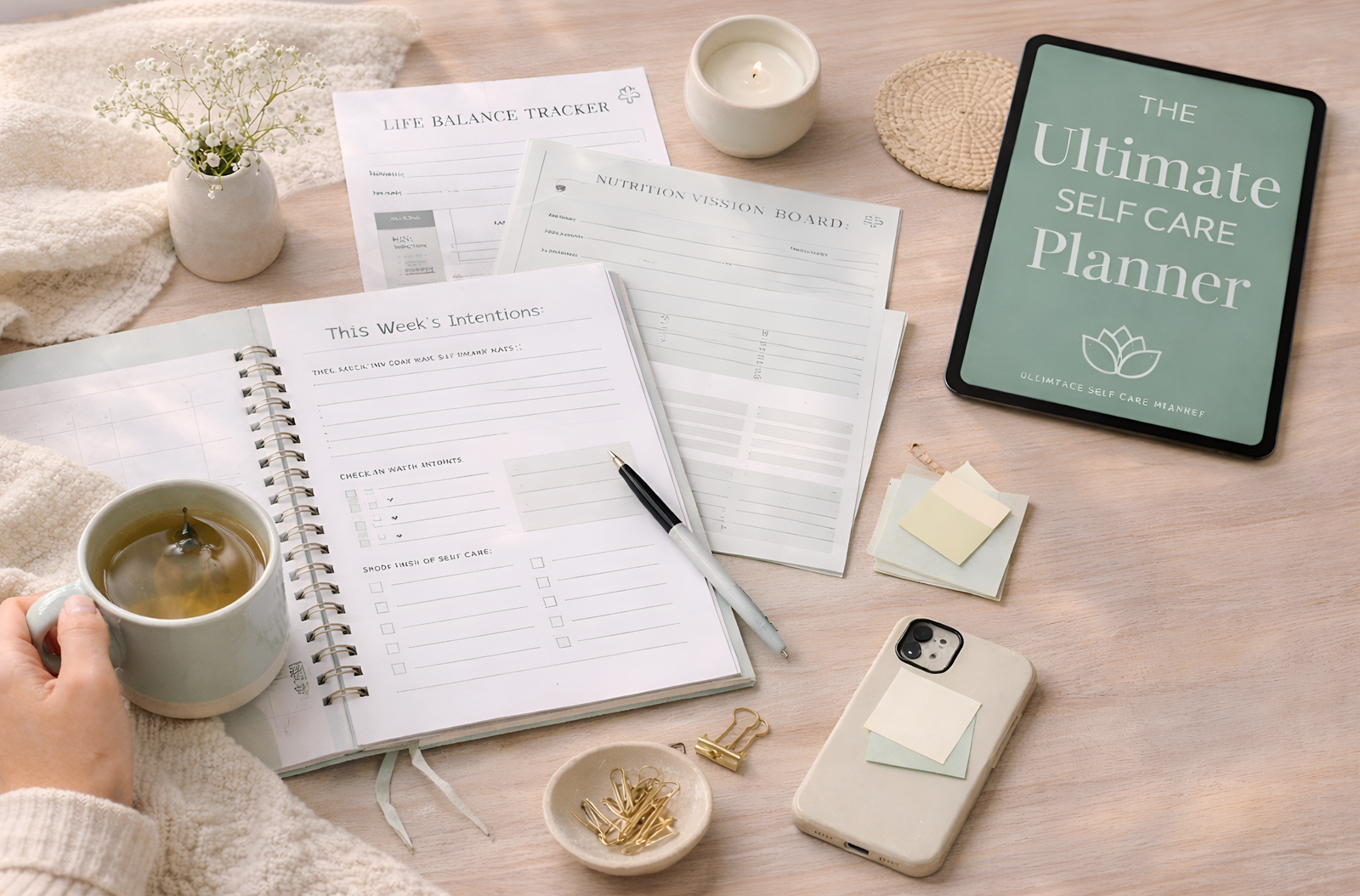 Planner pages on a desk with a tablet showing the Ultimate Self Care Planner